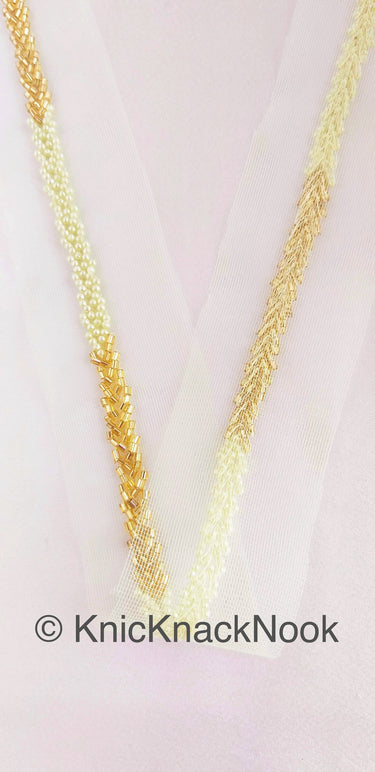 Green / Pink Net Lace Trim Hand Embroidered With Gold Bugle Beads And Ivory / Pink Seed Beads, Beaded Trim,